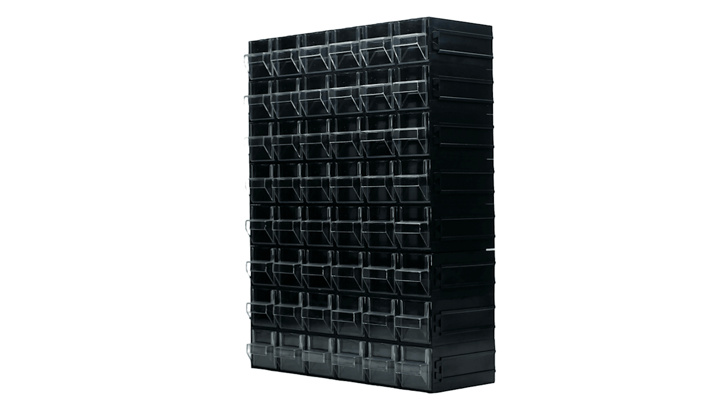 RS PRO 48 Drawer Storage Unit, Polystyrene, 450mm x 338mm x 133mm, Black, Transparent