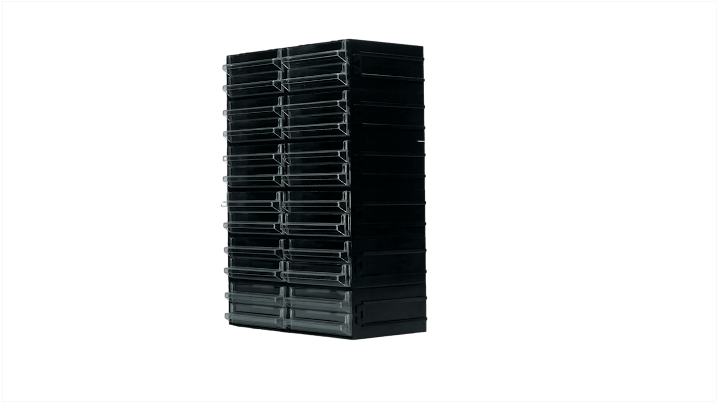 RS PRO 24 Drawer Storage Unit, Polystyrene, 225mm x 338mm x 133mm, Black, Transparent