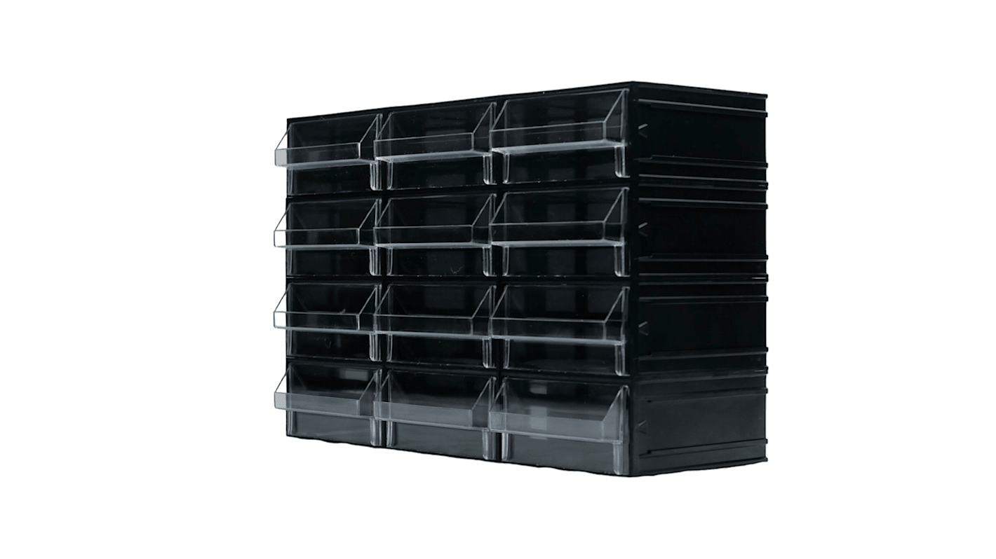 RS PRO 12 Drawer Storage Unit, Polystyrene, 225mm x 338mm x 133mm, Black, Transparent