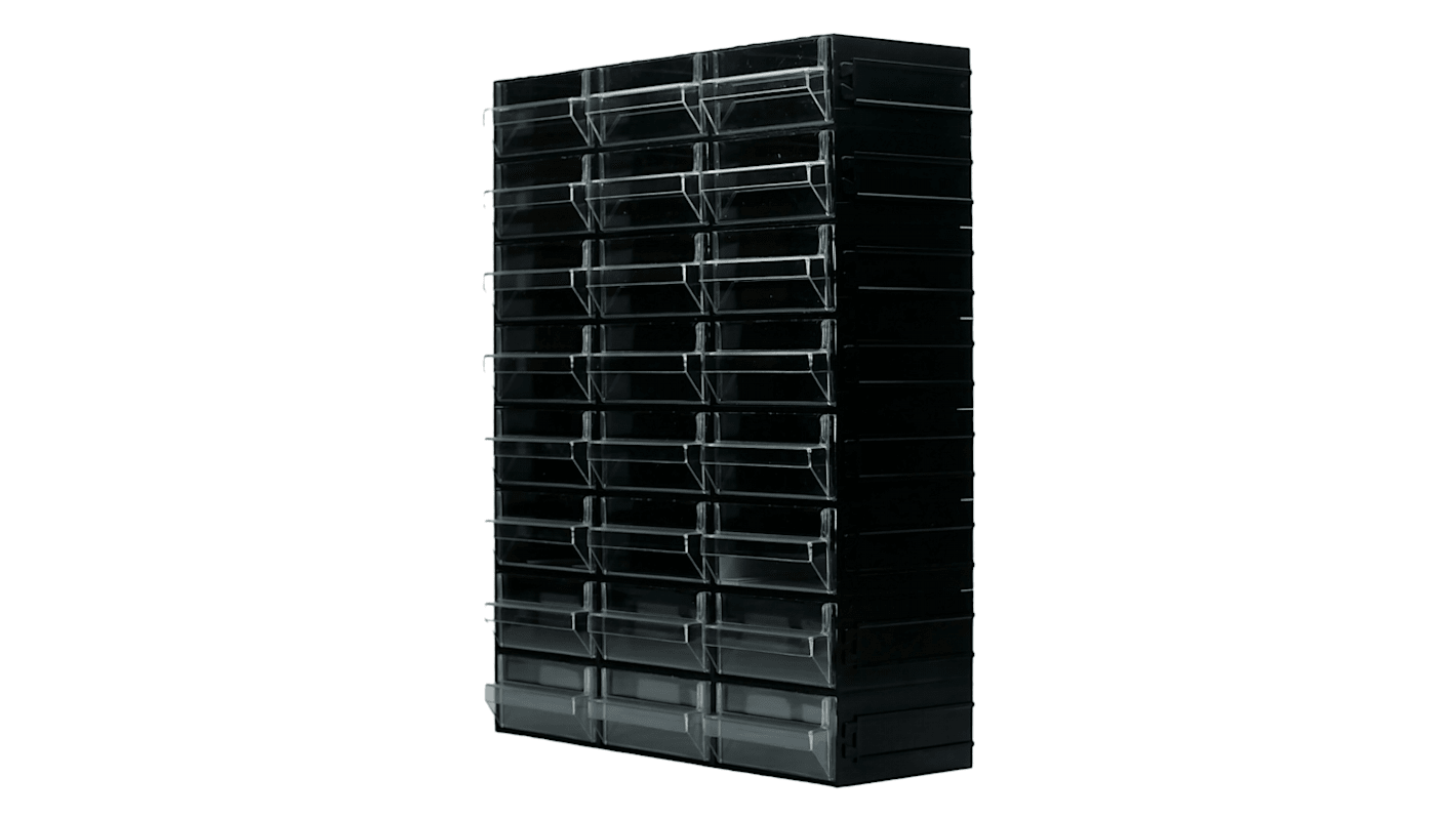 RS PRO 24 Drawer Storage Unit, Polystyrene, 338mm x 450mm x 133mm, Black, Transparent
