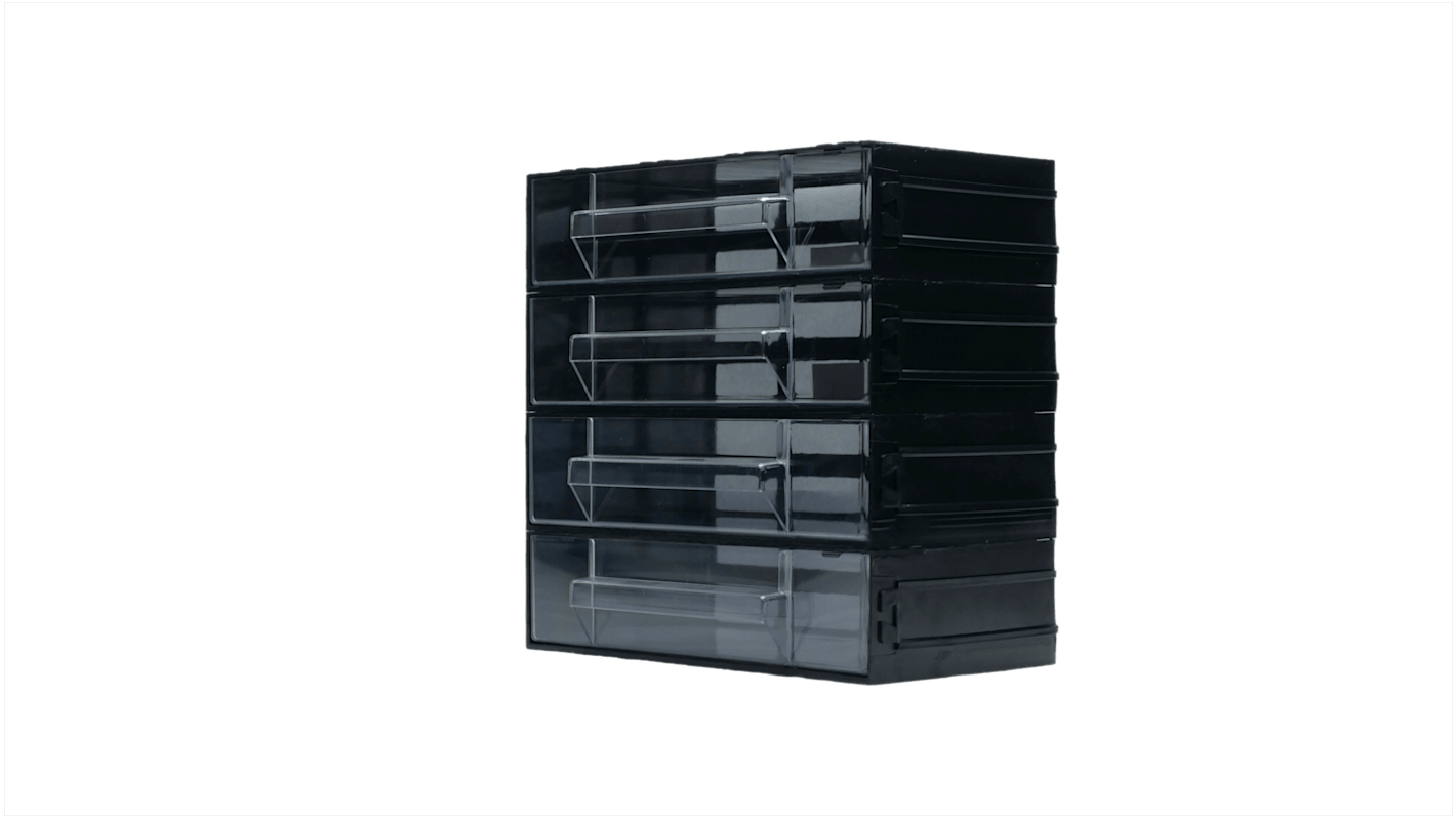 RS PRO 4 Drawer Storage Unit, Polystyrene, 225mm x 225mm x 133mm, Black, Transparent