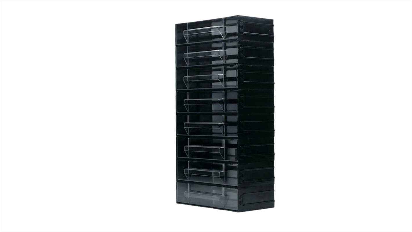 RS PRO 8 Drawer Storage Unit, Polystyrene, 338mm x 225mm x 133mm, Black, Transparent