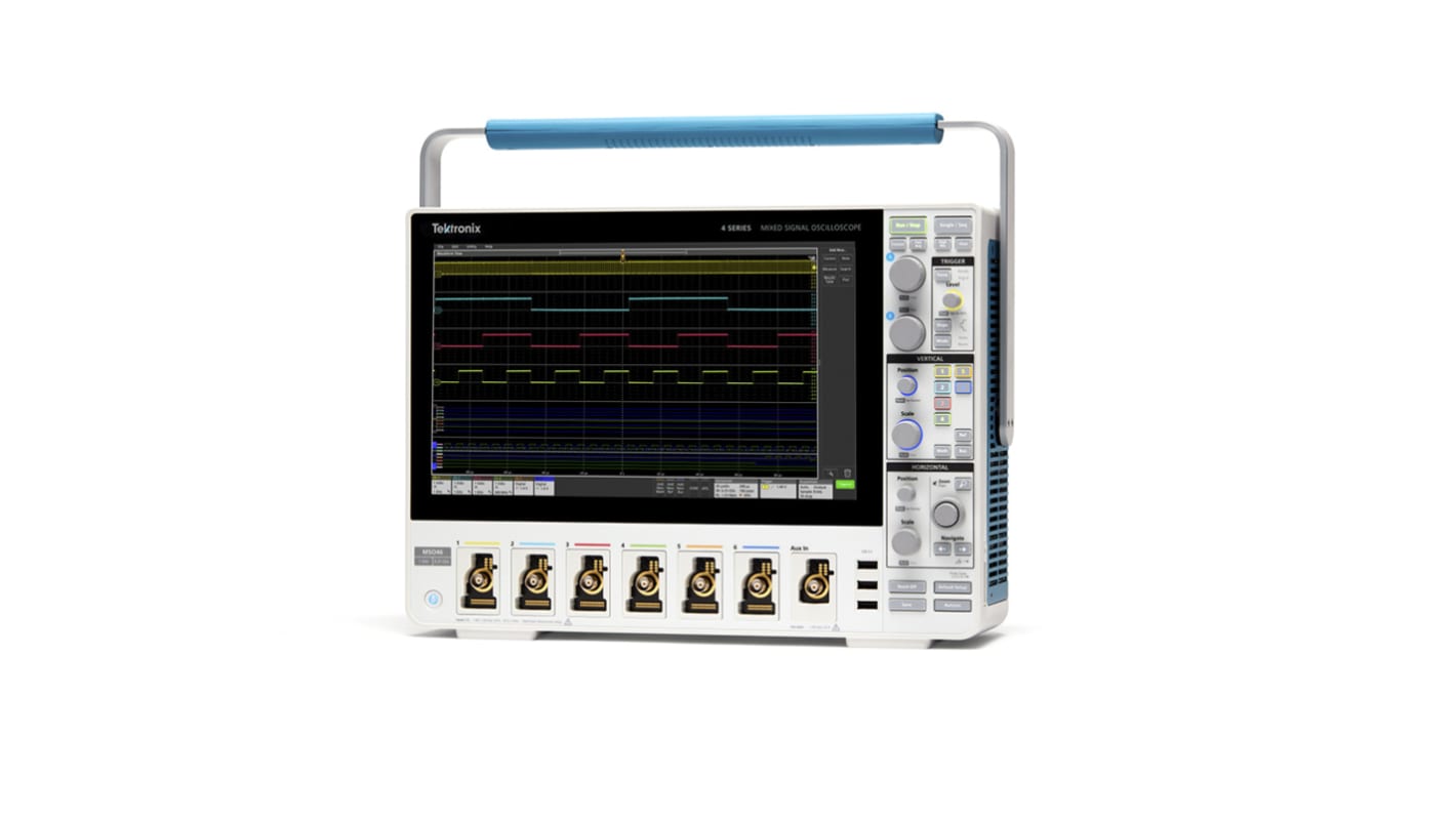 Osciloscopio de banco Tektronix MSO46, calibrado UKAS, canales:6 A, 48 D, 200MHZ, pantalla de 13.3plg, interfaz CAN,