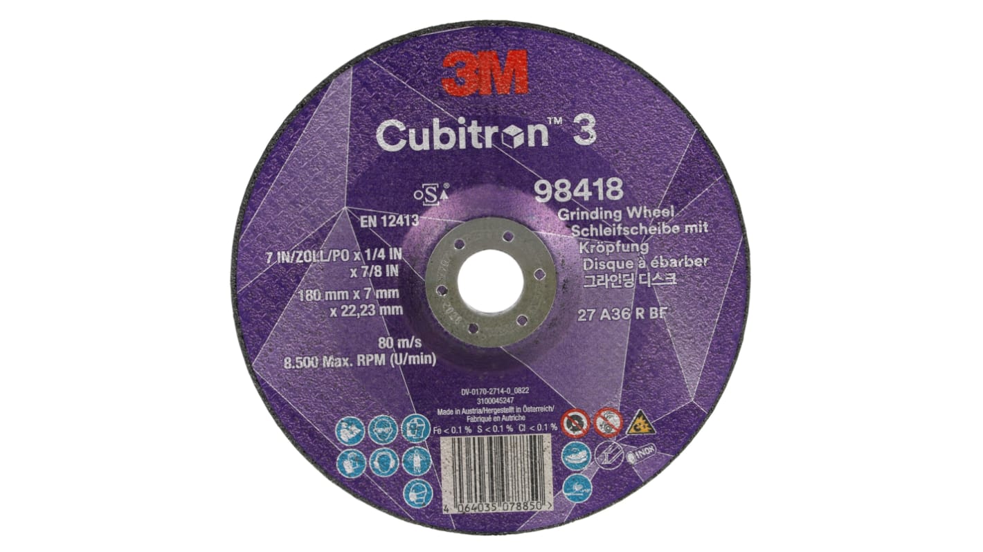 3M 98418 Cubitron 3 Ceramic Grinding Wheel, 180mm Diameter, 36+ Grit