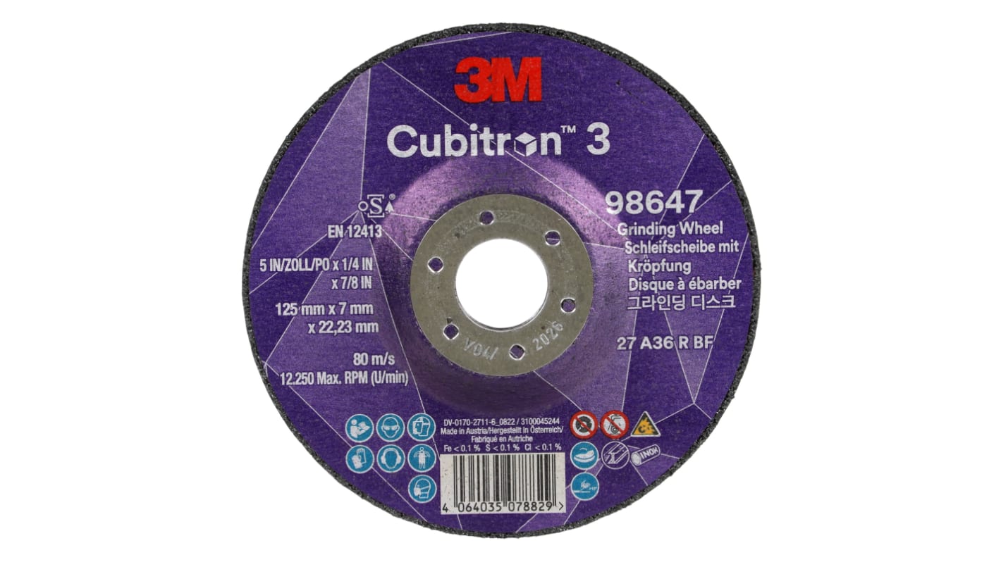 3M 98647 Cubitron 3 Ceramic Grinding Wheel, 125mm Diameter, 36+ Grit