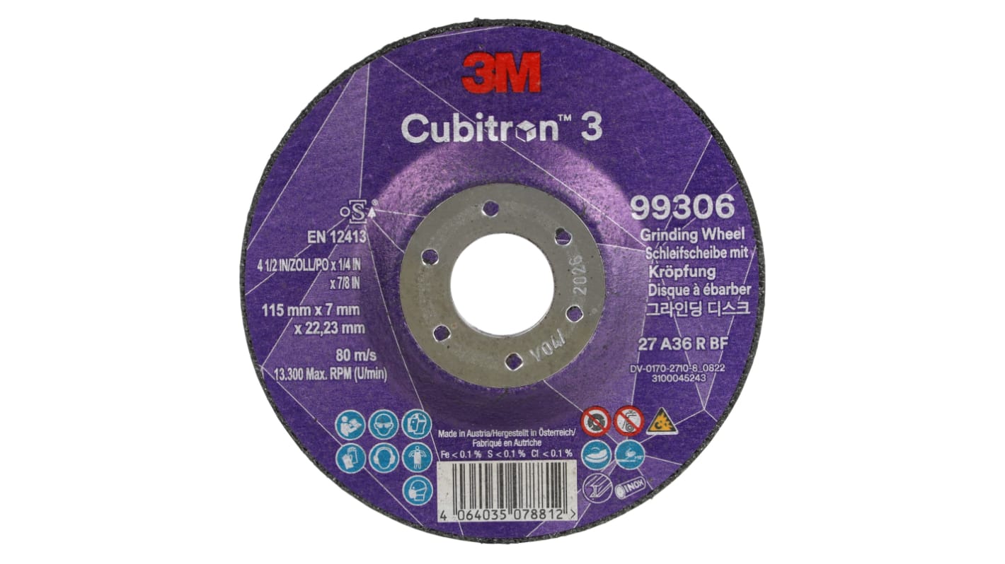 3M 99306 Cubitron 3 Ceramic Grinding Wheel, 115mm Diameter, 36+ Grit