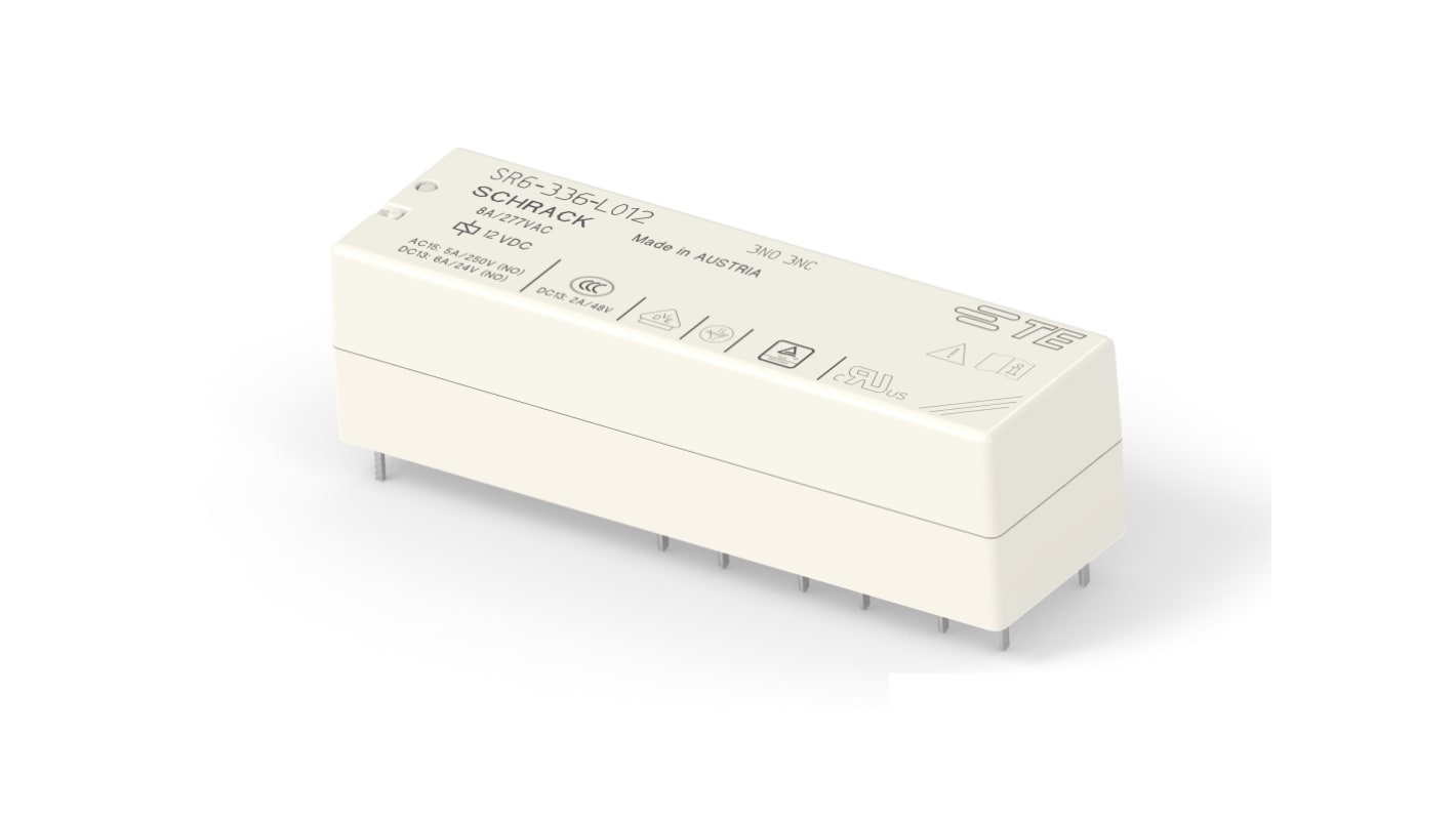 TE Connectivity PCB Mount Force Guided Relay, 12V dc Coil, 8A Switching Current, 3PDT