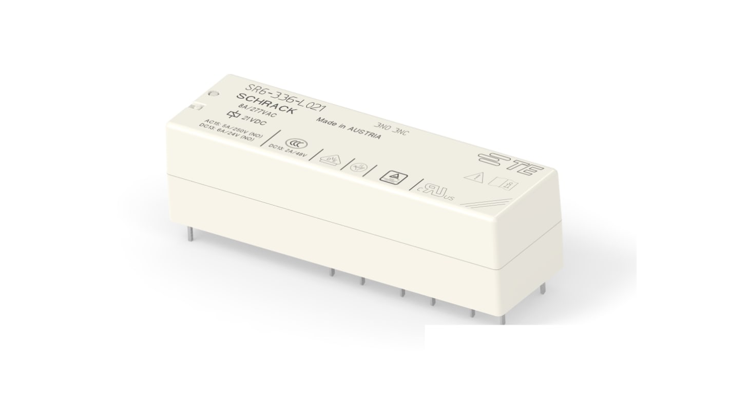 TE Connectivity PCB Mount Force Guided Relay, 21V dc Coil, 8A Switching Current, 3PDT