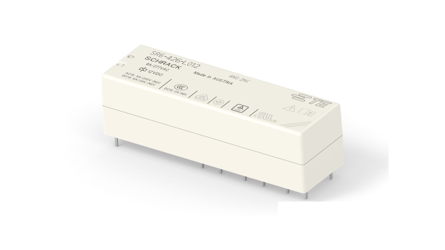 TE Connectivity PCB Mount Force Guided Relay, 12V dc Coil, 8A Switching Current, 4NO/2NC