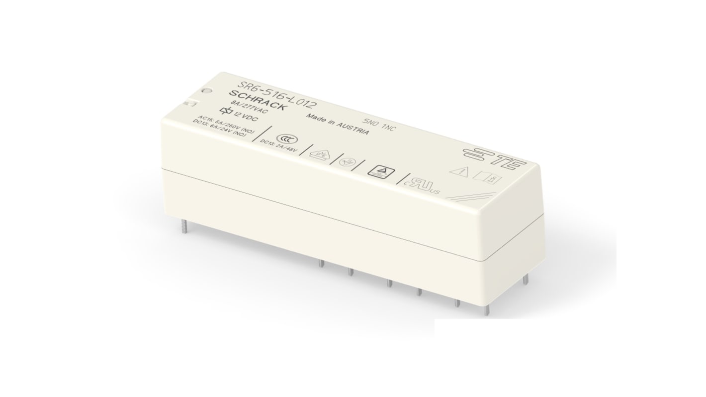 TE Connectivity PCB Mount Force Guided Relay, 12V dc Coil, 8A Switching Current, 5PDT