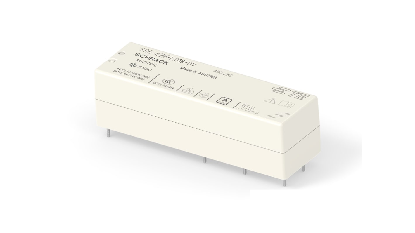 TE Connectivity PCB Mount Force Guided Relay, 18V dc Coil, 8A Switching Current, 4NO/2NC