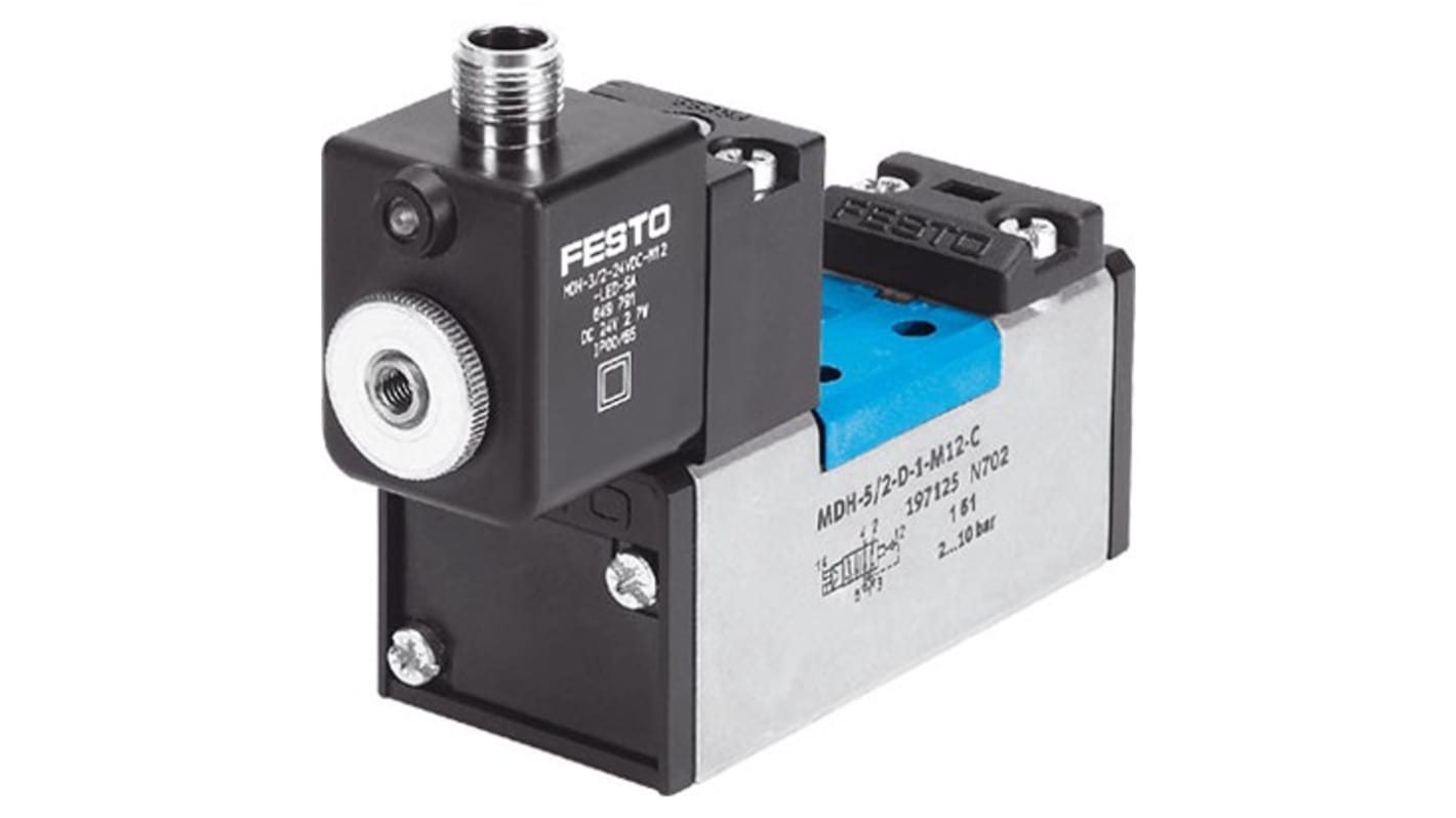Festo 5/2-Way, Monostable Pneumatic Solenoid/Pilot-Operated Control Valve - Electrical G 1/4 MDH Series 24V dc