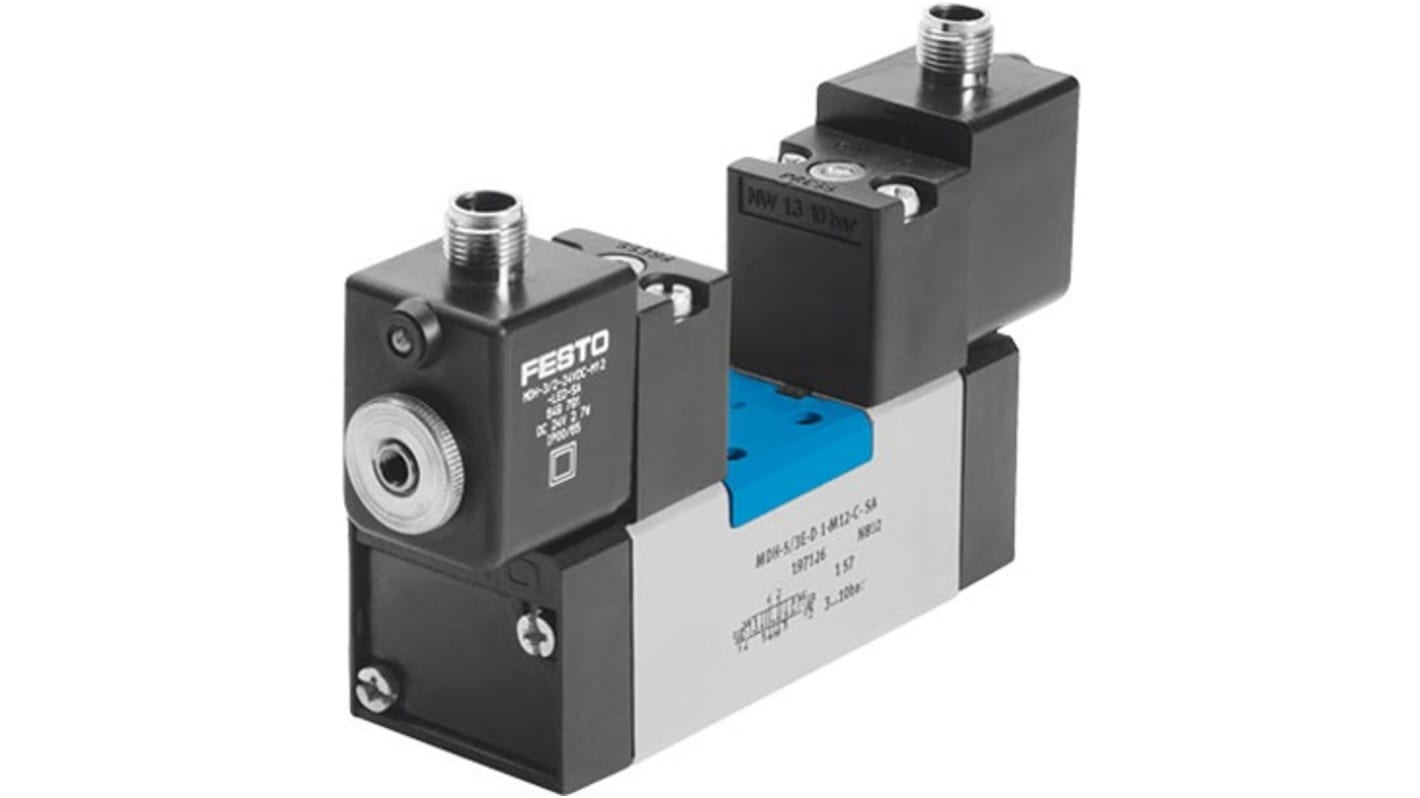 Festo 5/3-Way, Pressurised Pneumatic Solenoid/Pilot-Operated Control Valve - Electrical G 1/4 MDH Series 24V dc