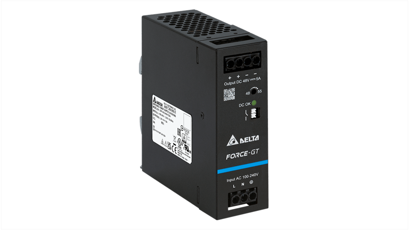 Delta Electronics DRF-240W Switched Mode DIN Rail Power Supply, 90 → 264V ac ac Input, 12V dc dc Output, 20A