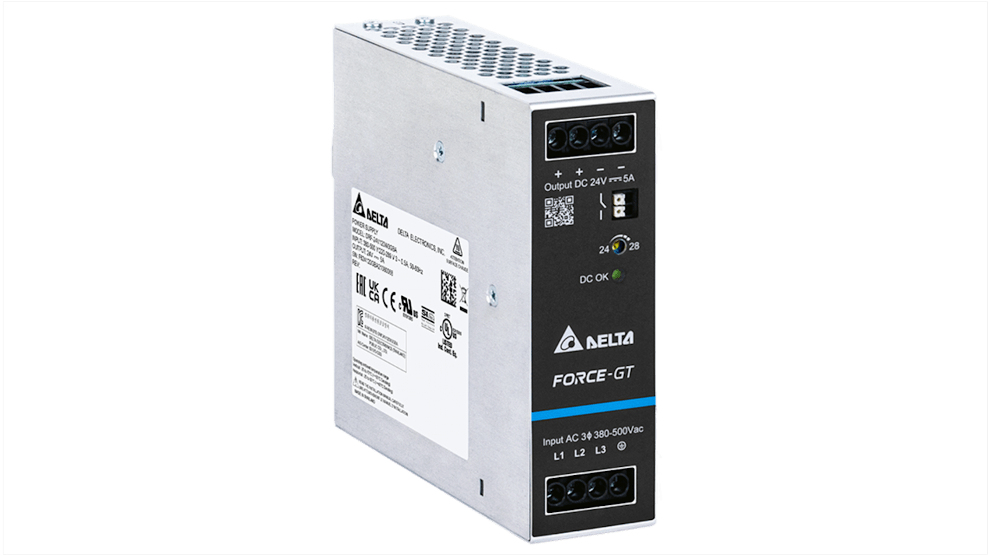 Delta Electronics DRF-120W Switched Mode DIN Rail Power Supply, 90 → 264V ac ac Input, 24V dc dc Output, 5A