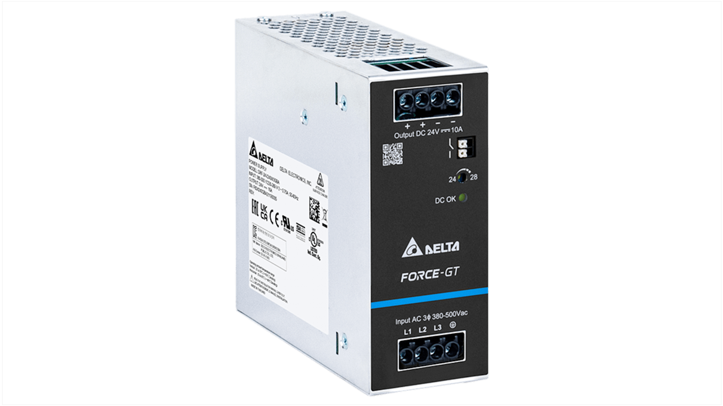 Delta Electronics DRF-240W Switched Mode DIN Rail Power Supply, 90 → 264V ac ac Input, 24V dc dc Output, 10A