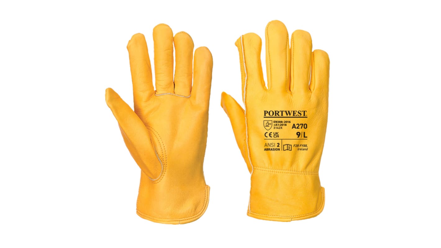 Portwest A270 Yellow Leather Abrasion Resistant, Tear Resistant Gloves, Size 10