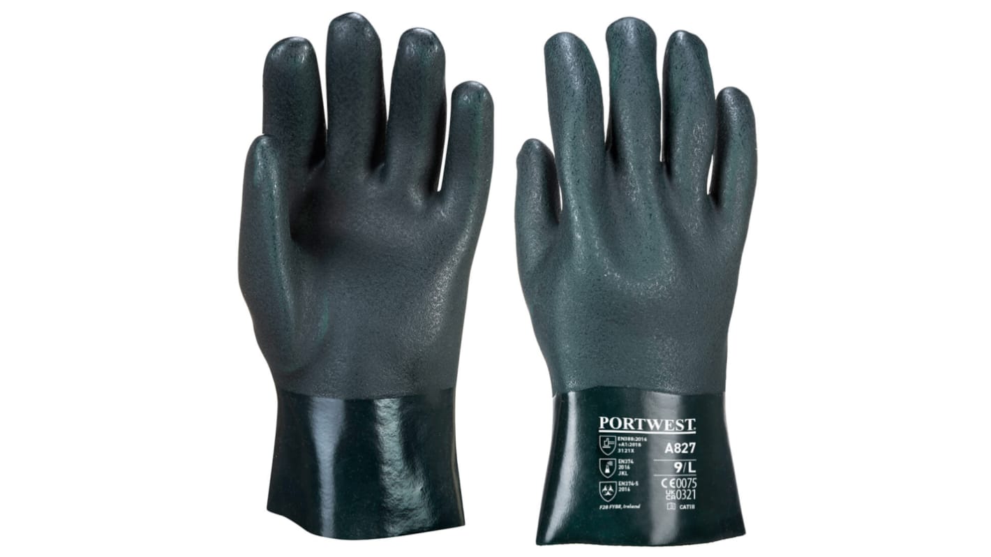 Portwest A827 Green PVC Chemical Resistant Gloves, Size 10, PVC Coating