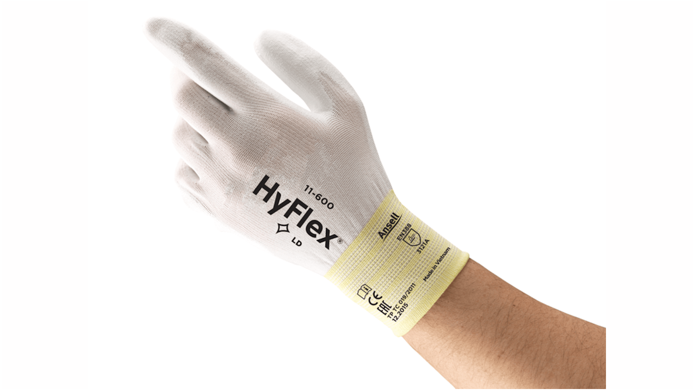 Guantes de trabajo de Nylon Blanco Ansell serie HYFLEX 11-600, talla 10, con recubrimiento de Poliuretano, Ensamblado,
