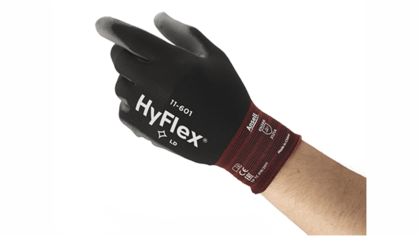 Guantes de trabajo de Nylon Negro Ansell serie HYFLEX 11-601, talla 5, con recubrimiento de Poliuretano, Ensamblado,