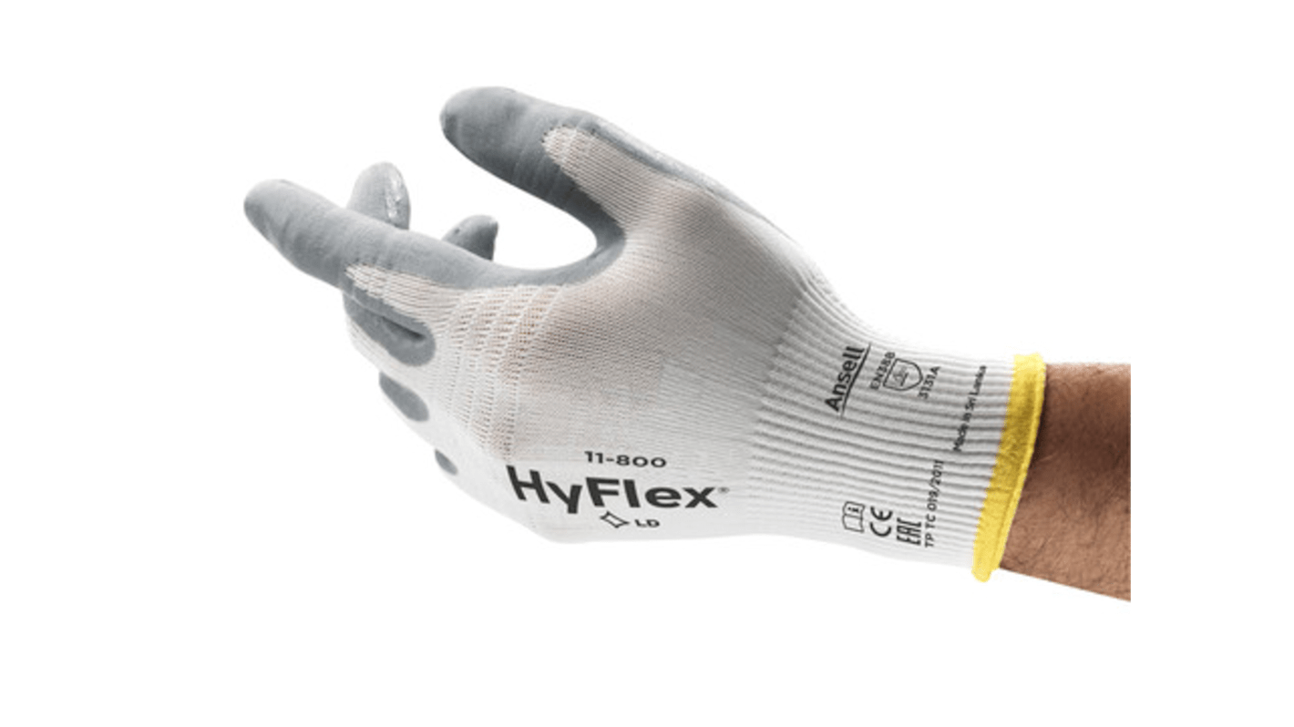 Guantes de trabajo de Nylon Blanco Ansell serie HYFLEX 11-800, talla 11, con recubrimiento de Espuma de nitrilo,