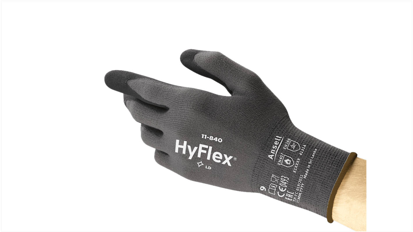 Guantes de trabajo de Nailon, Spandex Gris Ansell serie HYFLEX 11-840, talla 11, con recubrimiento de Nitrilo, Montaje