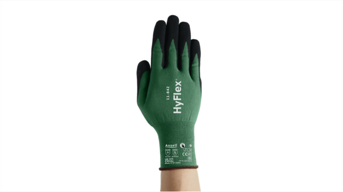 Ansell HYFLEX 11-842 Green Nylon Abrasion Resistant, General Purpose Work Gloves, Size 10, XL, Nitrile Foam Coating