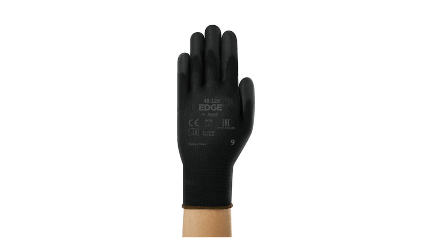 Guantes de trabajo de Poliéster Negro Ansell serie EDGE 48-126, talla 6, con recubrimiento de Poliuretano, Montaje de