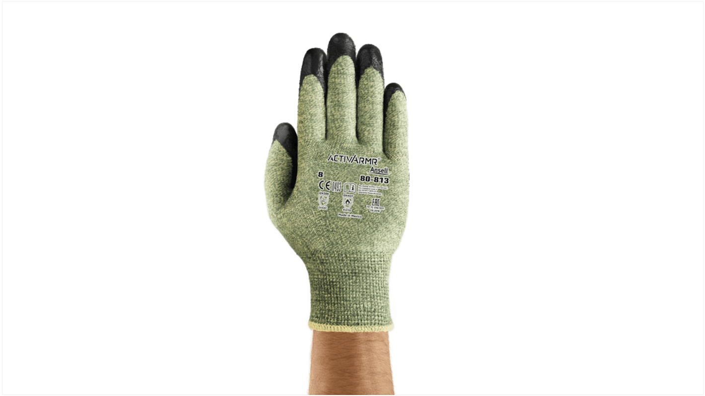 Ansell ACTIVARMR 80-813 Green Kevlar Cut Resistant, Flame Resistant Work Gloves, Size 7, Small, Neoprene Coating