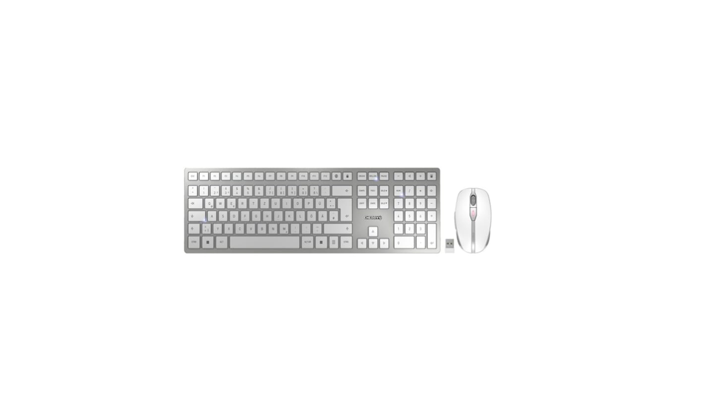 Juego de teclado y ratón Cherry JD-9100DE-1, Plata/blanco, Inalámbrico, QWERTZ (alemán), Ergonómico