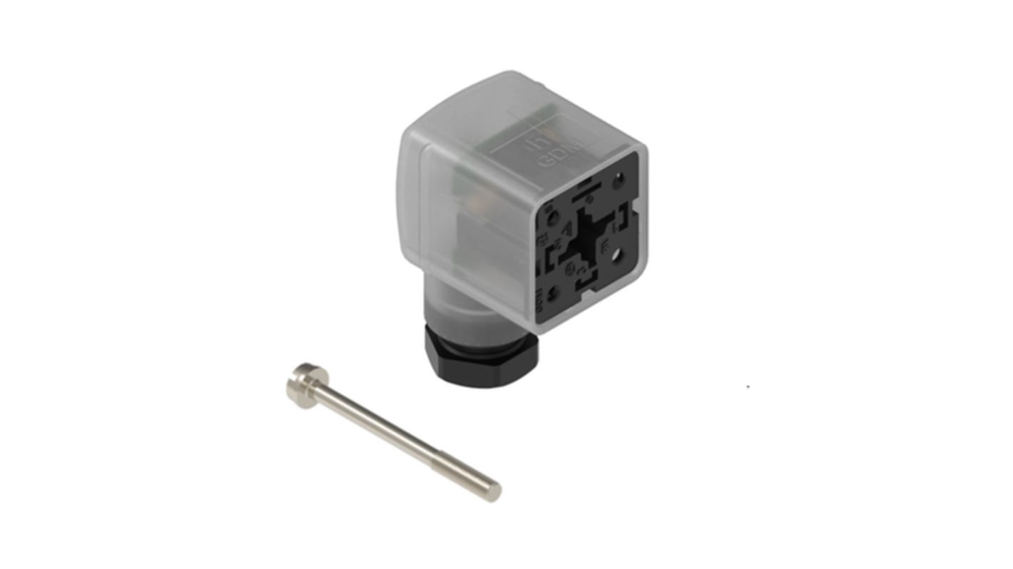 Conector DIN En Ángulo Hembra Hirschmann serie GDM21F6 de 3 vías, 10A, 230 V ac/dc, DIN EN 175301-803-A, IP65