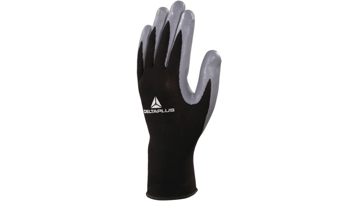 Delta Plus VE712GR Black, Grey Polyester Abrasion Resistant, Cut Resistant, Tear Resistant Work Gloves, Size 7, Nitrile