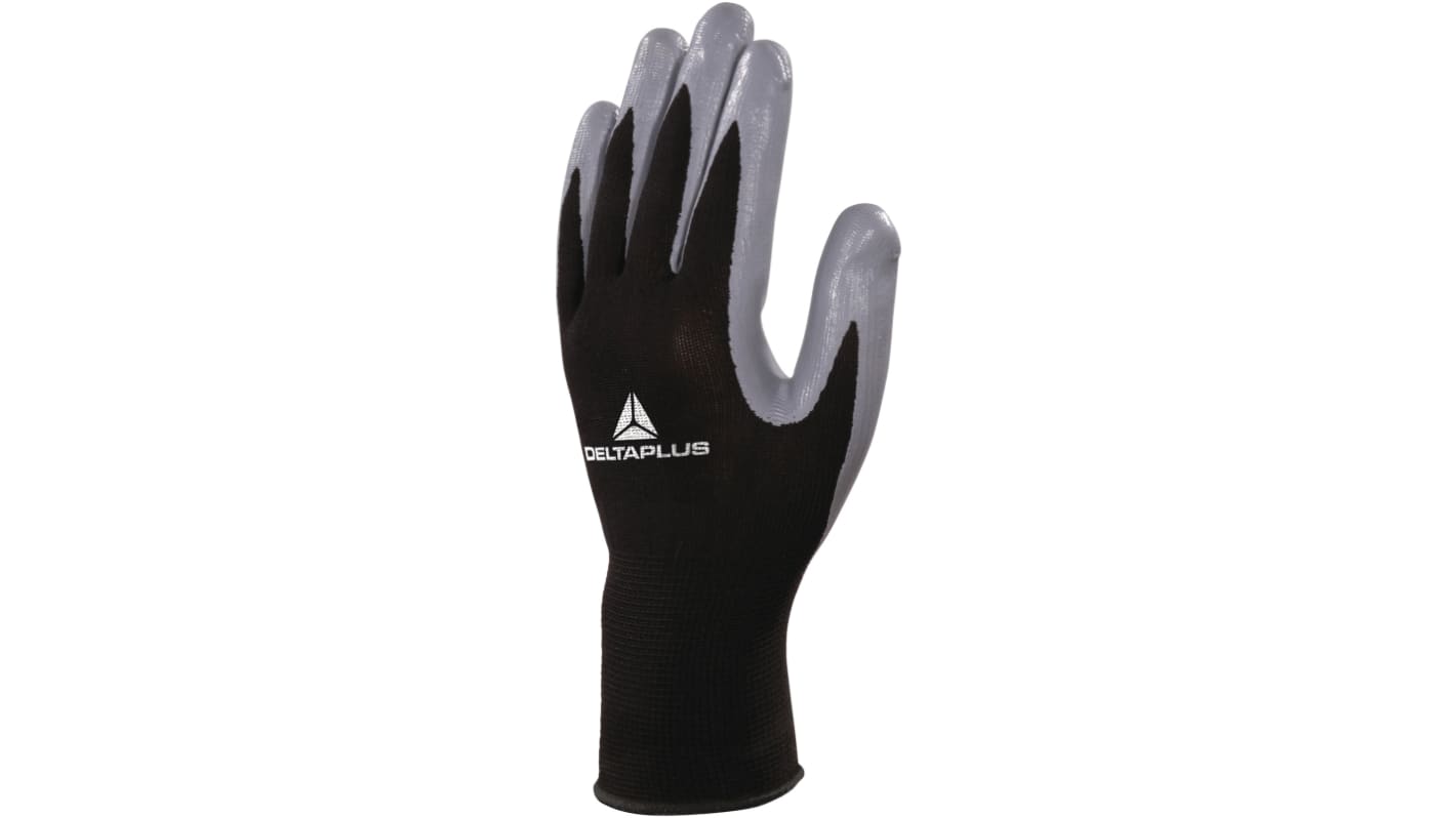 Guantes de trabajo de Poliéster Negro; gris Delta Plus serie VE712GR, talla 7, con recubrimiento de Nitrilo,