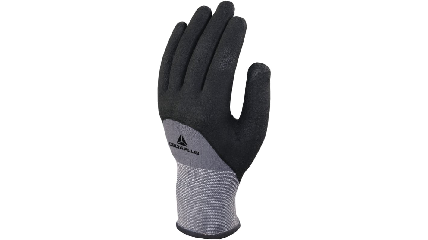 Guantes de trabajo de Poliamida, Spandex Negro; gris Delta Plus serie VE729, talla 8, M, con recubrimiento de Polímero