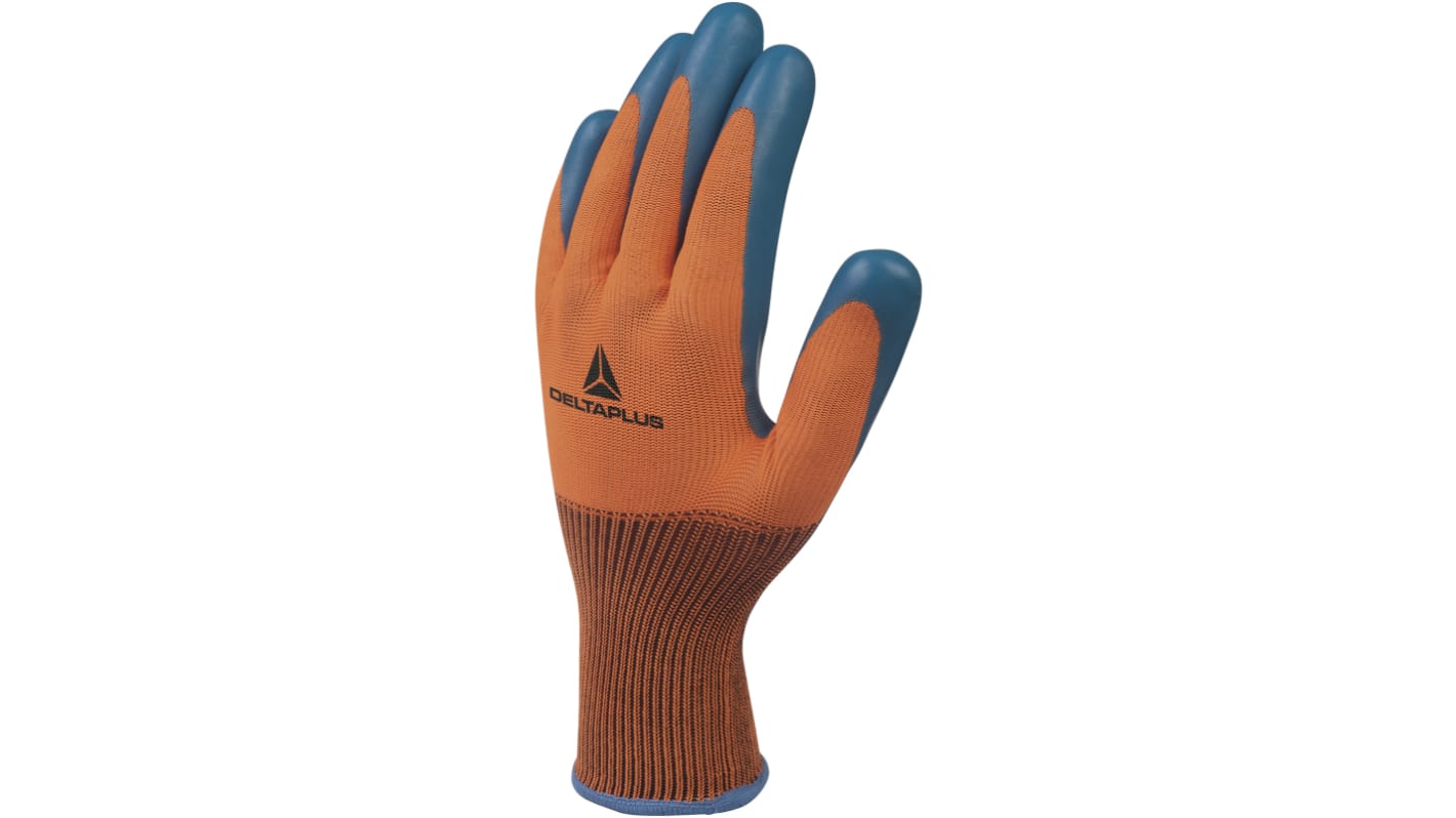 Guantes de trabajo de Poliéster Azul, Naranja Delta Plus serie VE733, talla 7, S, con recubrimiento de Látex,