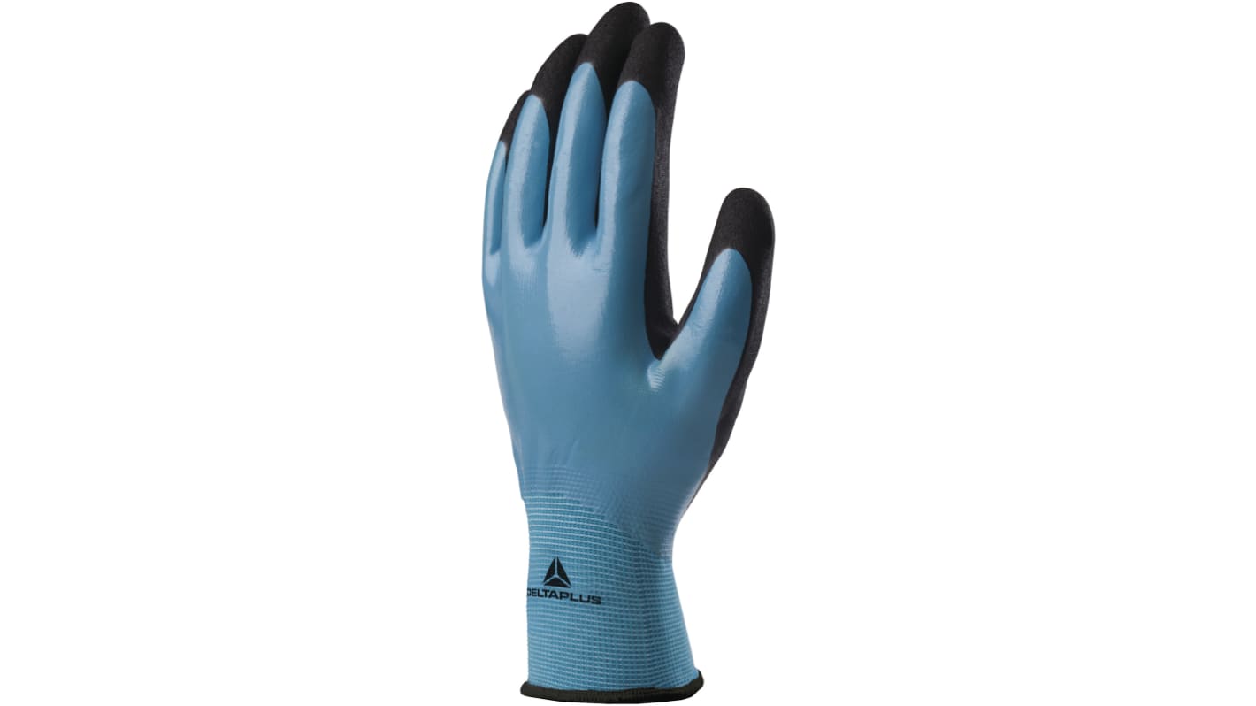 Guantes de trabajo de Poliamida Negro/azul Delta Plus serie VV636BL, talla 8, con recubrimiento de Nitrilo, Impermeables