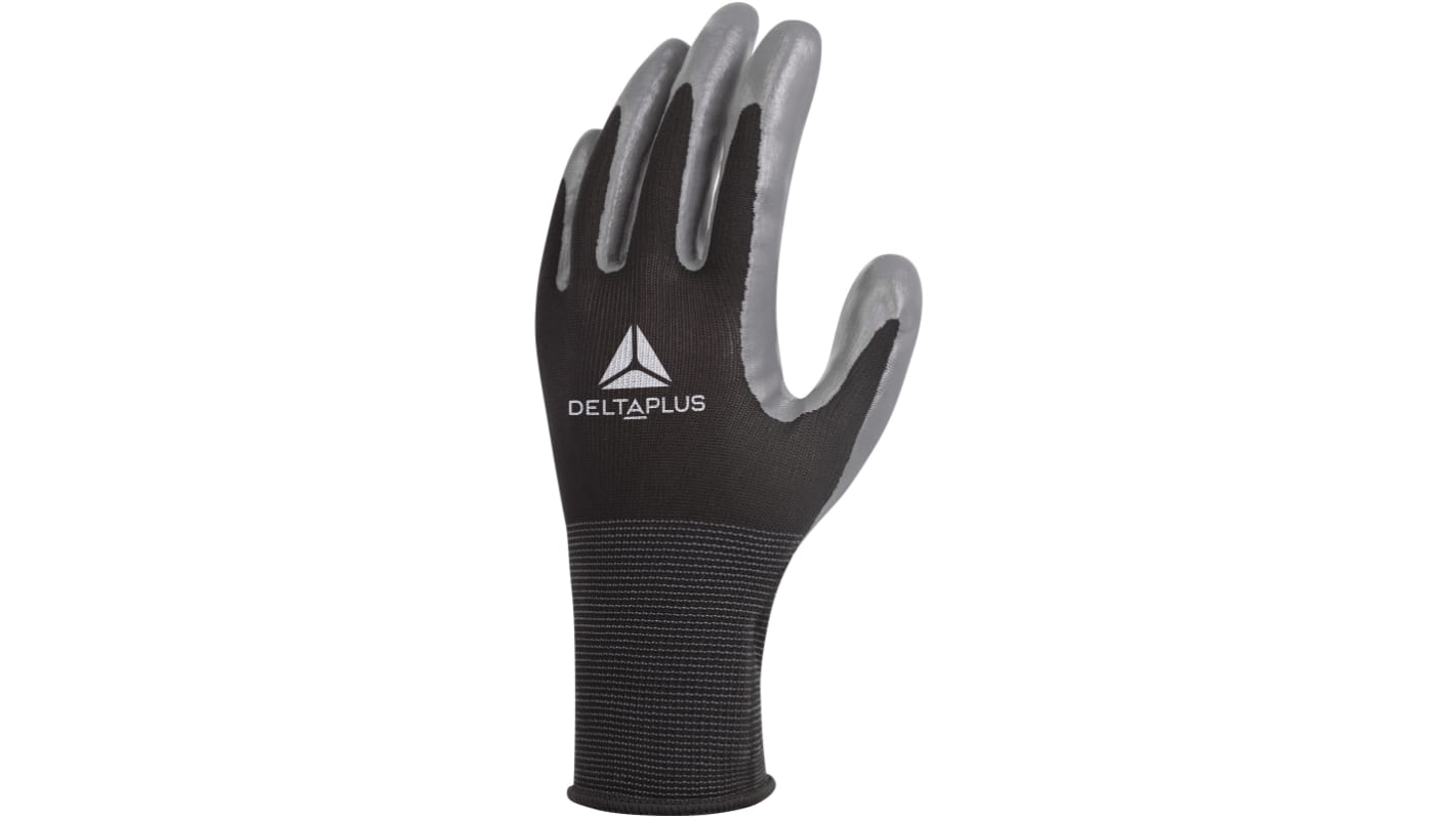 Guantes de trabajo de Poliamida Negro; gris Delta Plus serie VV712NO, talla 8, M, con recubrimiento de Nitrilo,