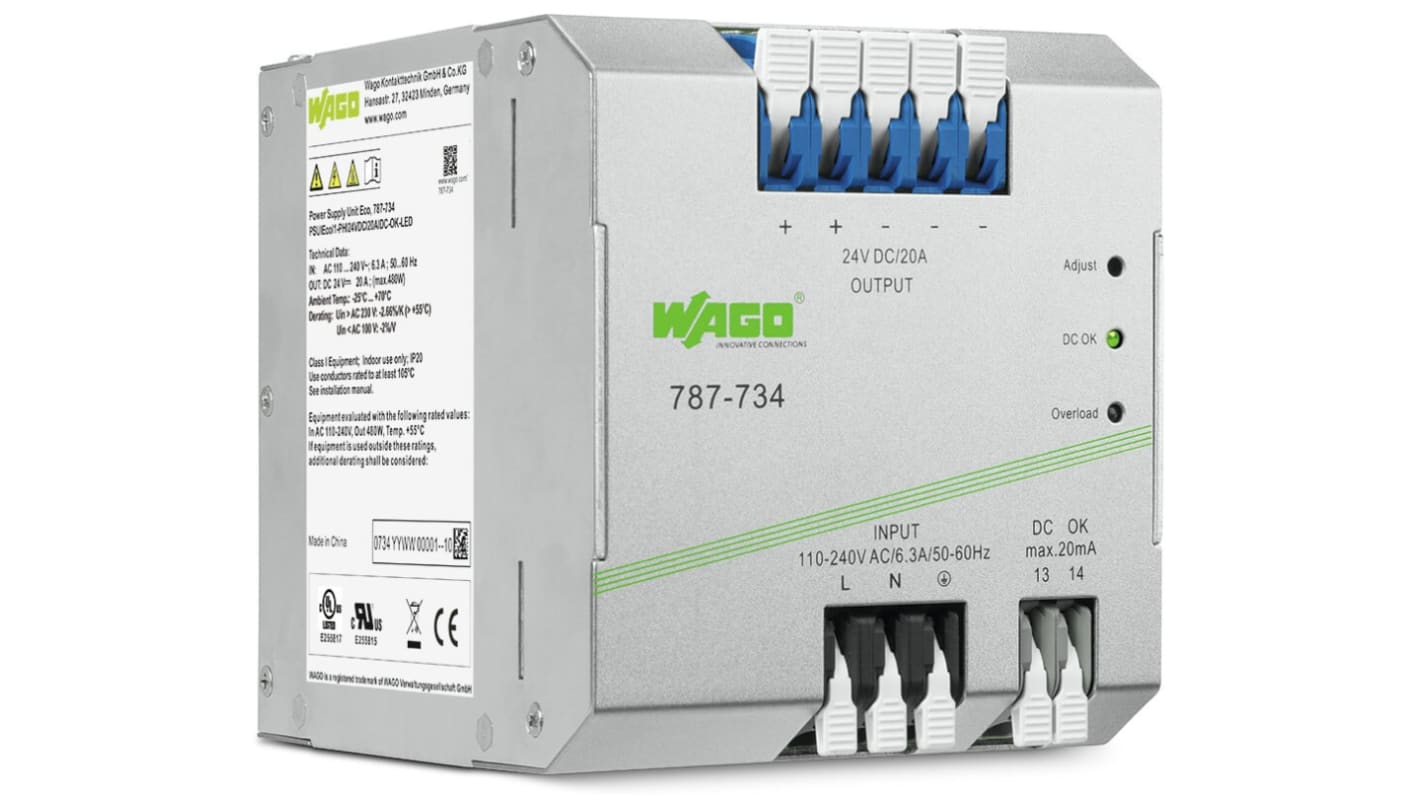 Wago Switching Power Supply, 787-734, 12V dc, 8A, Dual Output, 125 → 375V Input Voltage