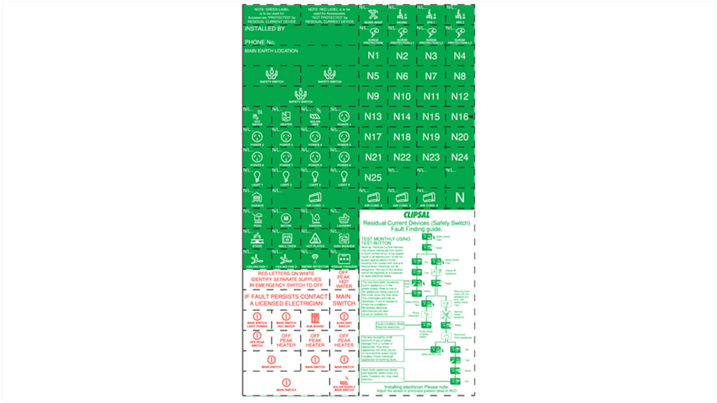 Clipsal Electrical MAX9 Labelling Plate for use with RCD Protected Circuit