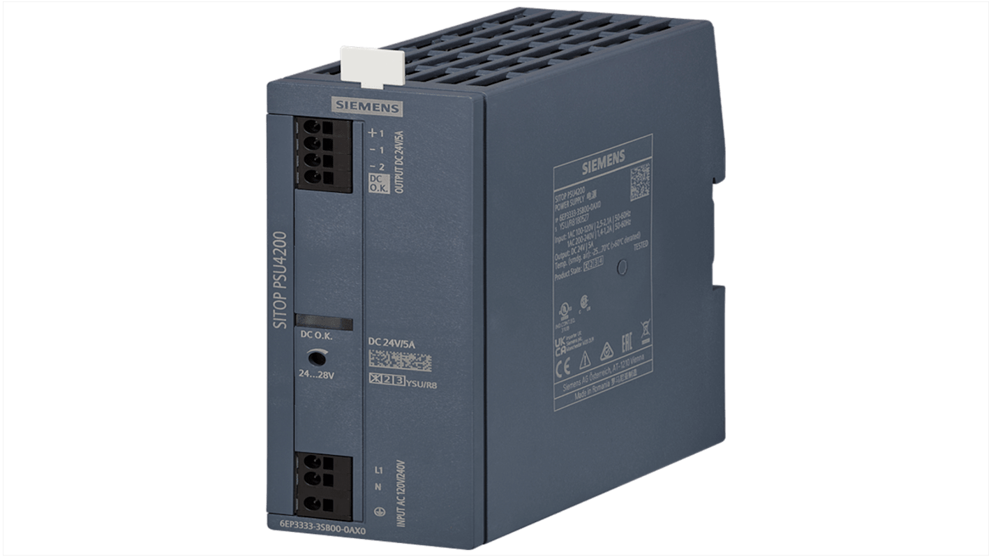 Siemens 6EP3333 DIN Rail Power Supply, 120 V ac, 240 V ac ac Input, 24V dc dc Output, 5A Output