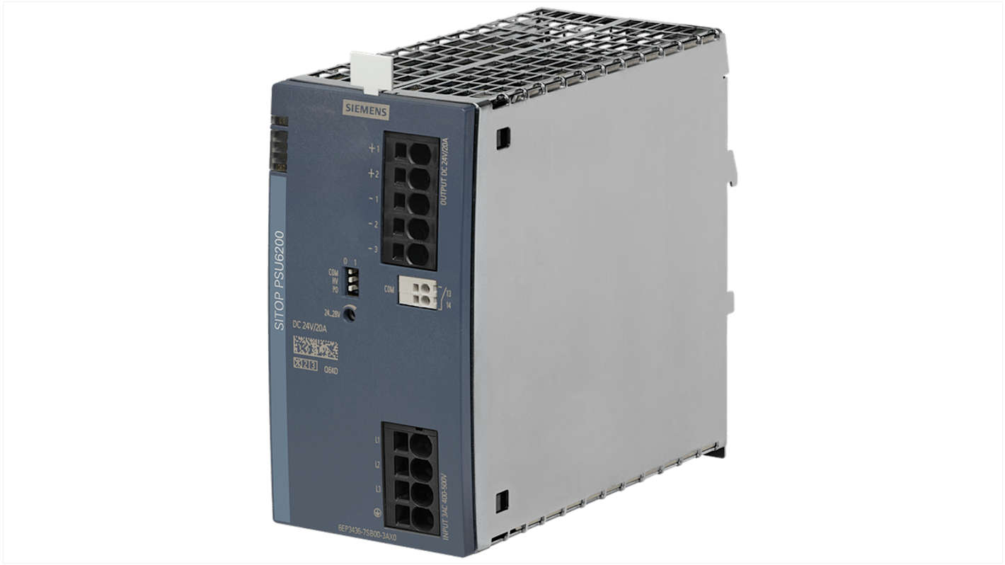 Siemens 6EP3436 DIN Rail Power Supply, 400 → 500V ac ac Input, 24V dc dc Output, 20A Output