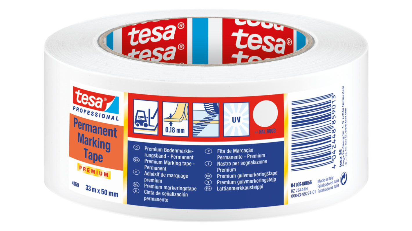 Tesa 04169 White PVC Hazard Tape, 0.187mm Thickness