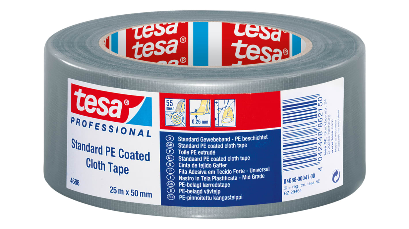 Cinta adhesiva de tela, Tejido de PE extruído Tesa 04688-00045 de color Gris, grosor 0.26mm