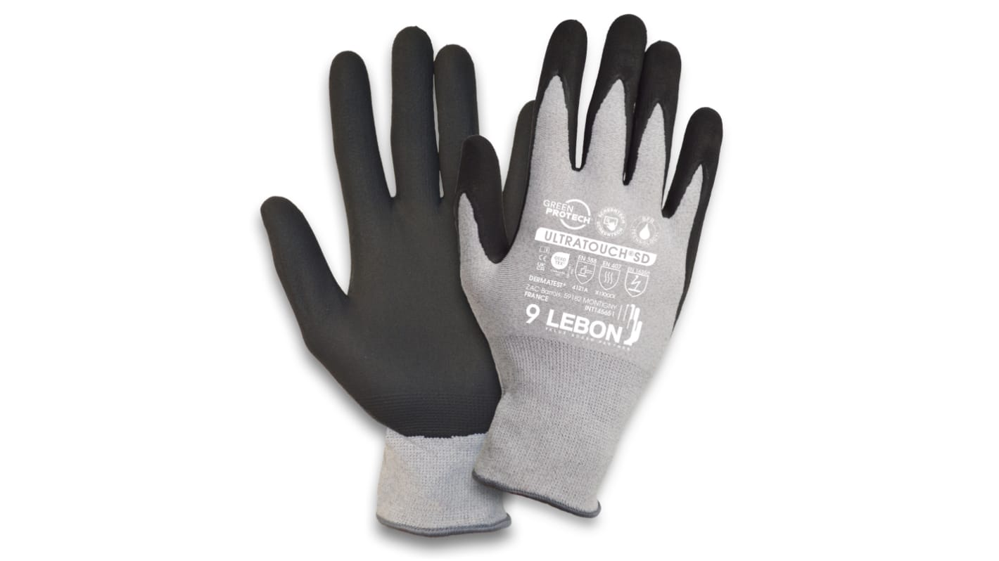 Guantes de trabajo de Poliamida Negro; gris Lebon Protection serie ULTRATOUCH, talla 11, XXL, con recubrimiento de