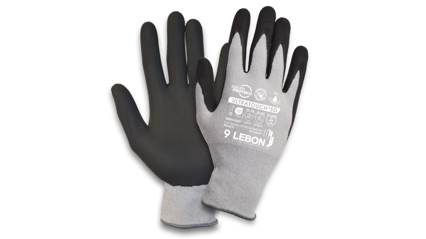 Guantes de trabajo de Poliamida Negro; gris Lebon Protection serie ULTRATOUCH, talla 7, S, con recubrimiento de