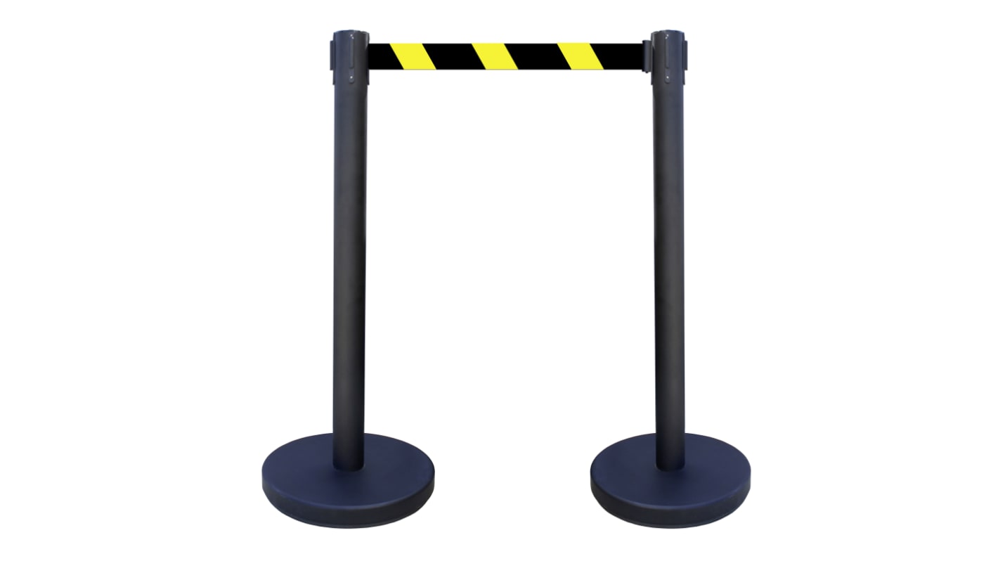 Viso Black Steel Retractable Barrier, 3m, Black, Yellow Tape