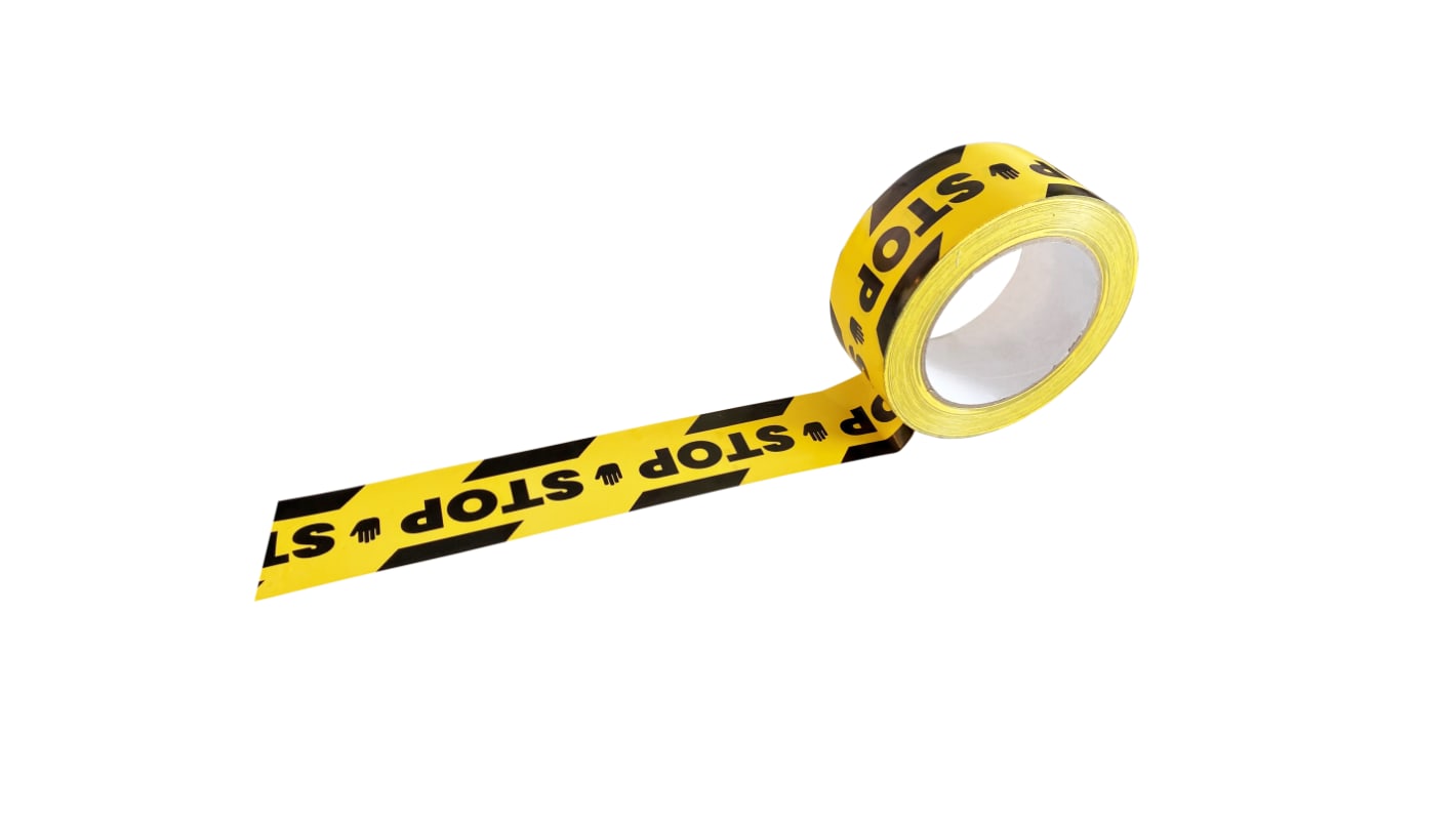 RS PRO Black/Yellow PVC 33mm Hazard Tape, 0.15mm Thickness "Stop"