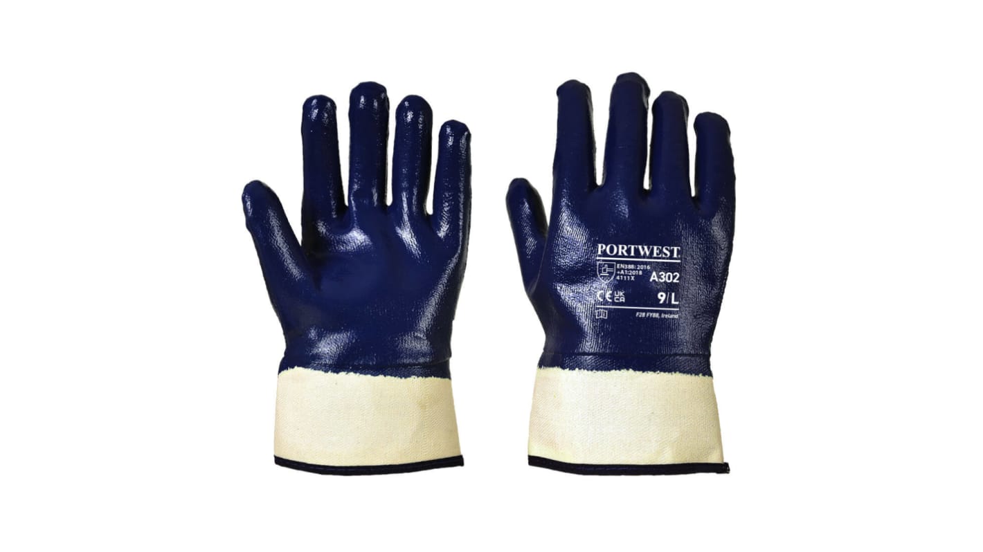 Portwest Hand Protection Blue Cotton, Polyester Cut Resistant Gloves, Size 9, Nitrile Coating