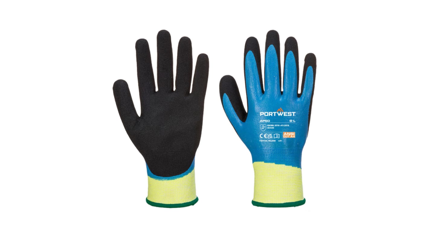 Portwest Aqua Cut Pro Black/Blue Elastane, HPPE, Nylon, Polyester Abrasion Resistant, Cut Resistant Gloves, Size 10,