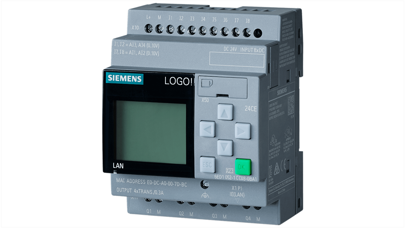 Módulo lógico Siemens ¡LOGOTIPO!, 24 V cc, 8 entradas tipo Analógico, Digital, 4 salidas tipo Transistor, comunicación